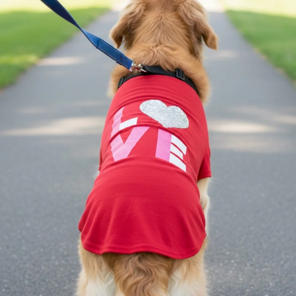 🆕UNIQUE PETZ: Red Dog T-Shirt with White Sequins Heart Design “LOVE”- Sz XL